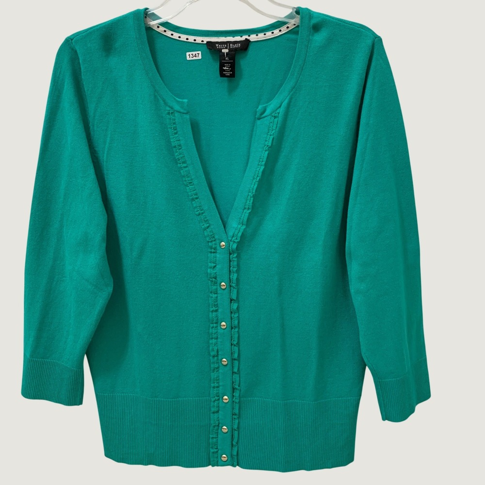White House Black Market Cardigan Sweater Women XL Green Ruffle 3/4 Sleeve Snap